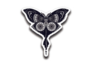 Luna Moth Sticker featuring black and white original illustration, durable vinyl outdoor sticker, made in Canada.