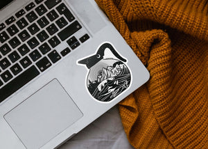 Coffee Pot Sticker on laptop, a black and white outdoor vinyl sticker featuring original illustration.