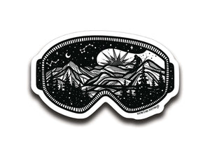 Goggles Sticker featuring a black and white original illustration of mountains and the night sky, made in Canada.