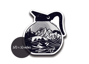 Coffee Pot Sticker featuring a black and white original illustration of mountains and waves, perfect for outdoor use.