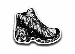 Hiking Boot Sticker featuring an original black and white illustration, glossy vinyl finish, made in Canada.
