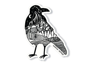 Crow Sticker featuring original illustration of a crow with mountains, in black and white, made in Canada.