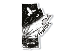 Manitoba Sticker featuring original black and white illustration, a vinyl outdoor sticker made in Canada.