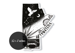 Manitoba Sticker featuring original illustration in black and white, a durable outdoor sticker made in Canada.