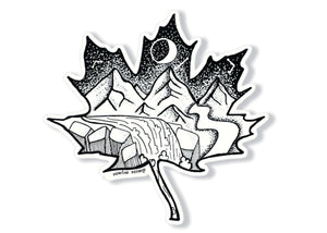 Maple Leaf Sticker Light, black and white outdoor sticker with original illustration of mountains and water.