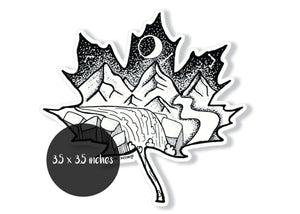 Maple Leaf Sticker Light, black and white outdoor sticker with original illustration of mountains and waterfall.
