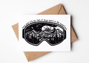 May Your Life Be Full of Days Spent in the Mountains; Greeting Card featuring mountain illustration and kraft envelope.