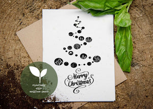 Merry Christmas, Plantable Seed Greeting Card featuring black and white illustration art and basil seeds.