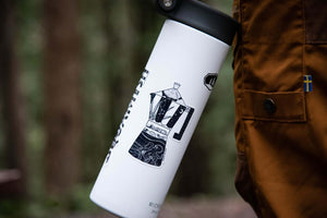Moka Pot Coffee Sticker displayed on a canister, featuring a black and white original illustration, made in Canada.