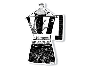 Moka Pot Coffee Sticker featuring original black and white illustration for outdoor use, made in Canada.