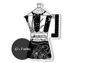 Moka Pot Coffee Sticker featuring a black and white original illustration on a glossy vinyl finish, made in Canada.