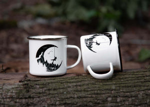 Moon and Climber Enamel Mug with original illustration of a climber under the moon, designed in Canada.