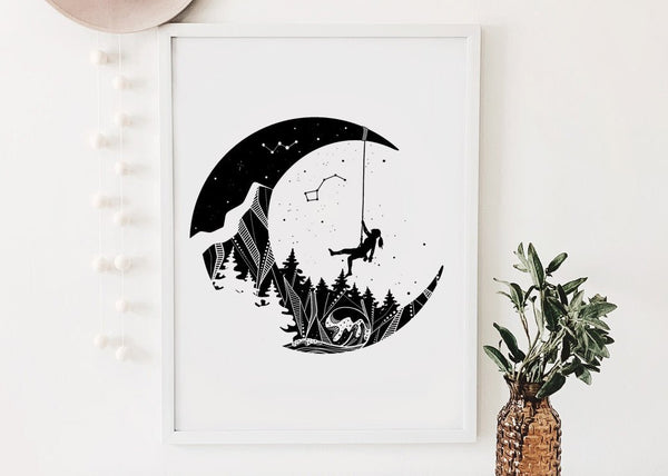Moon and Climber Print - Mountain Mornings - Prints