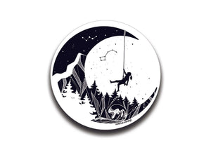 Moon and Climber Sticker featuring an original black and white illustration of climbers against a night sky.