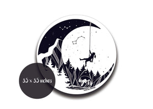 Moon and Climber Sticker, a black and white outdoor sticker featuring an original illustration, made in Canada.