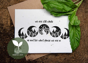 Moon Phase, Plantable Seed Greeting Card featuring black and white illustration art and basil seeds on eco-friendly paper.