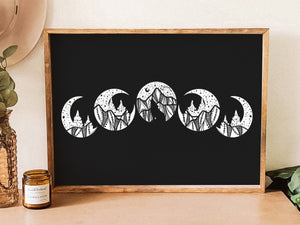 Moon Phase Print, Black Background - Mountain Mornings - Prints