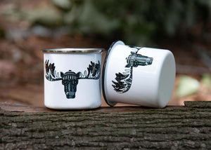 Moose, Camping Mug with original illustration, lightweight outdoor enamel drinkware designed in Canada.