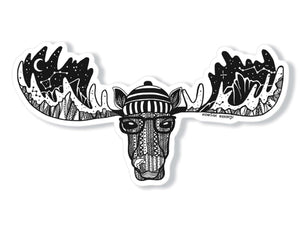 Moose Head Sticker featuring original illustration in black and white, made in Canada, perfect outdoor sticker for any smooth surface.