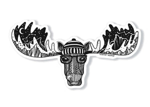 Moose Head Sticker featuring original illustration in black and white, made in Canada, perfect outdoor sticker for any smooth surface.