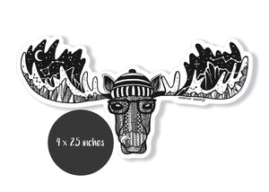 Moose Head Sticker featuring original illustration in black and white; durable vinyl outdoor sticker made in Canada.