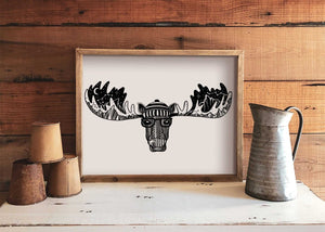 Moose Head Print featuring black and white illustrations, eco friendly art print made in Canada on recycled paper.