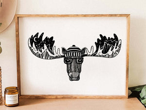 Moose Head Print, eco friendly art print on 100% recycled paper by Canadian artist, black and white illustration.
