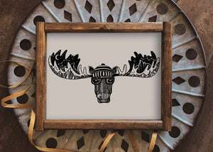 Moose Head Print in black and white illustration, eco friendly art print made in Canada on 100% recycled paper.