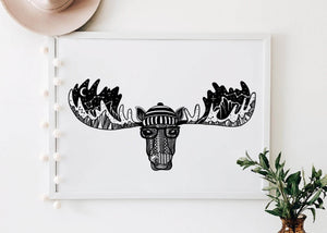 Moose Head Print featuring black and white illustration on eco-friendly art print made in Canada.