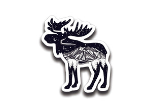 Moose Sticker featuring black and white original illustration, glossy vinyl outdoor sticker made in Canada.