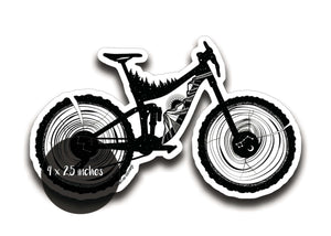 Mountain Bike Sticker in black and white with original illustration, glossy vinyl finish for outdoor use.