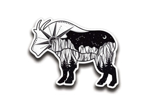 Mountain Goat Sticker featuring an original illustration in black and white, perfect outdoor vinyl sticker made in Canada.
