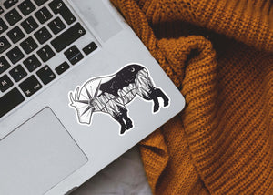 Mountain Goat Sticker featuring original black and white illustration on a laptop, made in Canada, waterproof vinyl.