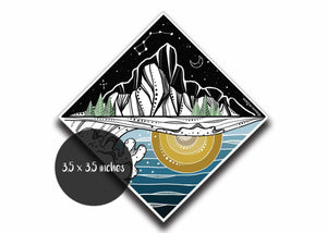 Mountain and Ocean Sticker featuring original black and white illustration, 3.5 x 3.5 inches, made in Canada.