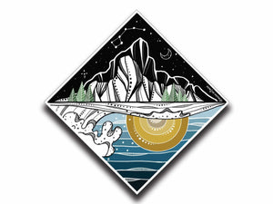 Mountain and Ocean Sticker featuring black and white original illustration of mountains and ocean, made in Canada.