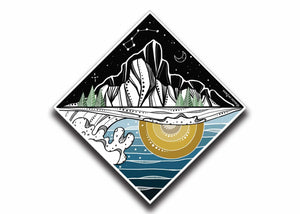 Mountain and Ocean Sticker featuring black and white original illustration of mountains and ocean, made in Canada.