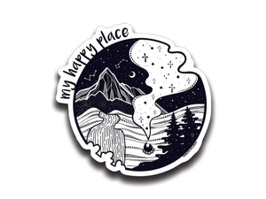 My Happy Place Sticker featuring original black and white illustration, perfect outdoor vinyl sticker made in Canada.