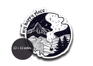 My Happy Place Sticker designed by a Canadian artist, black and white outdoor sticker, glossy vinyl finish.
