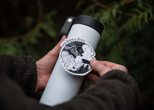 My Happy Place Sticker on a water bottle, featuring a black and white illustration, perfect outdoor sticker.