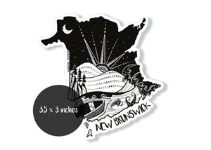 New Brunswick Sticker featuring black and white original illustration on a glossy vinyl finish, made in Canada.