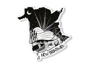 New Brunswick Sticker featuring a black and white original illustration of landscapes and nature.