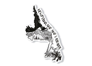 Newfoundland and Labrador Sticker featuring original illustration in black and white on glossy vinyl.