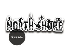 North Shore Sticker featuring black and white original illustration, perfect for outdoor and permanent use.