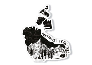 Northwest Territories Sticker featuring original illustration in black and white, perfect outdoor sticker made in Canada.