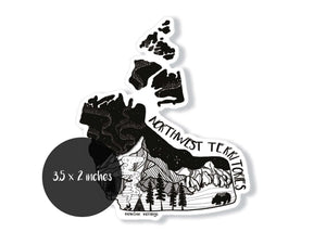 Northwest Territories Sticker featuring black and white original illustration, 3.5 x 2 inches, made in Canada.