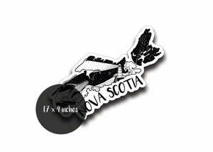 Nova Scotia Sticker featuring a black and white original illustration, 1.7 x 4 inches, durable vinyl for outdoor use.