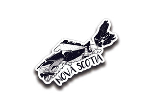 Nova Scotia Sticker featuring black and white original illustration, a durable vinyl outdoor sticker made in Canada.