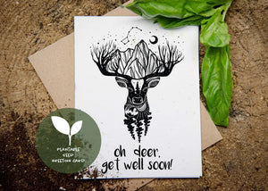 Oh Deer, Get Well Soon; Plantable Seed Greeting Card with original black and white illustrations on eco friendly card.