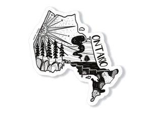 Ontario Sticker with black and white original illustration, featuring trees and landscapes, durable vinyl, made in Canada.