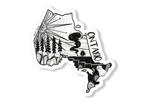 Ontario Sticker with black and white original illustration, featuring trees and landscapes, durable vinyl, made in Canada.